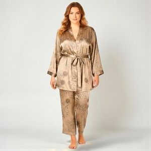 Escalier Pajama Set‎ Womens 2XL Gold Satin Dragon Print Kimono Lounge Sleepwear